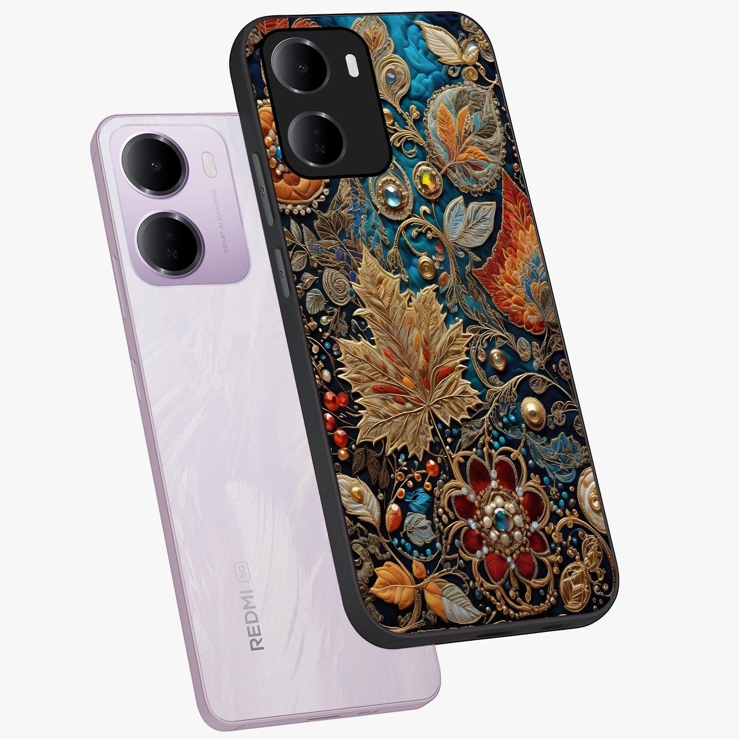 Royal Jewel Garden Glass Case displayed in angled mockup highlighting vibrant jewel inspired floral design with elegant aesthetic.