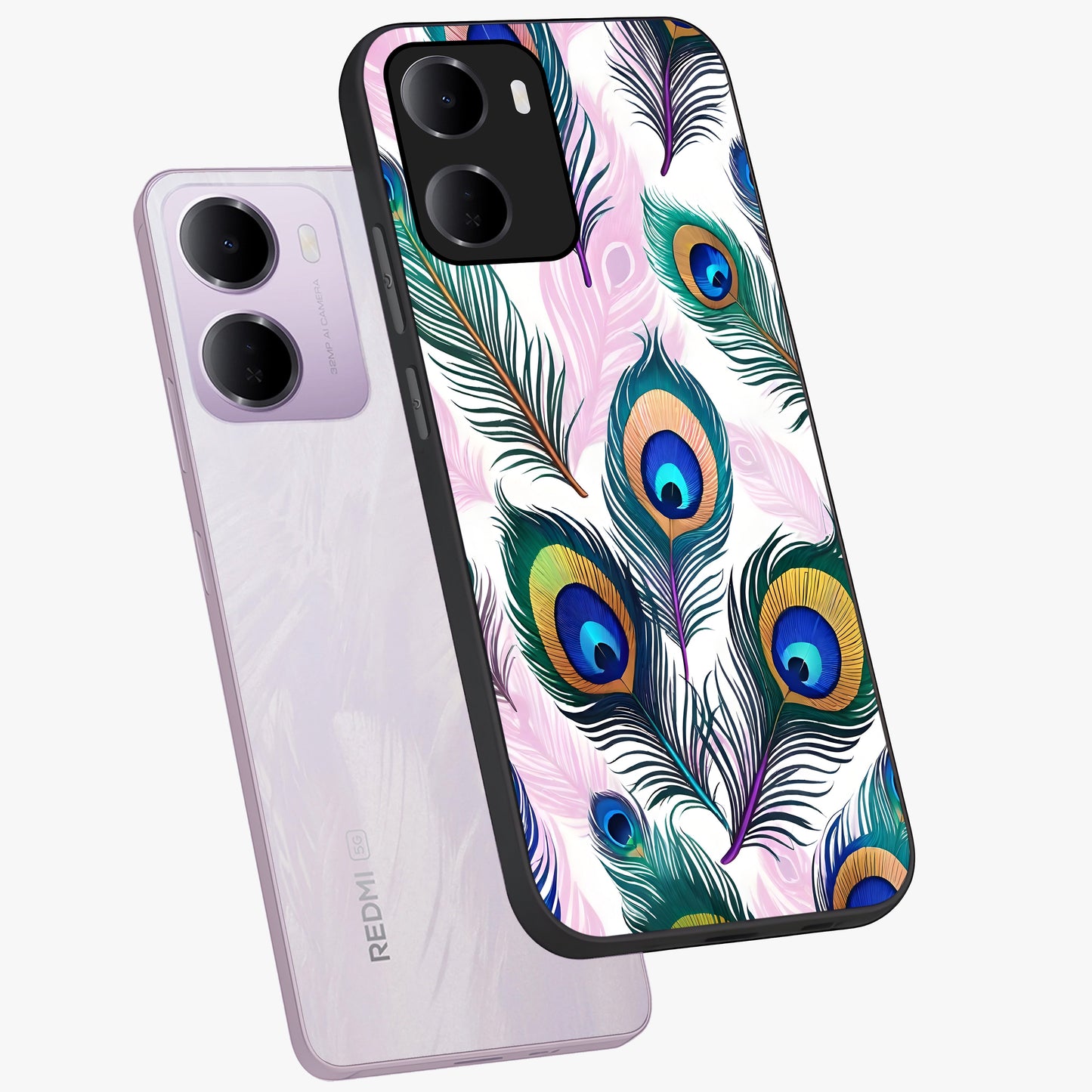 Royal Peacock Feathers Glass Case displayed in angled mockup highlighting vibrant feather pattern with regal aesthetic style.