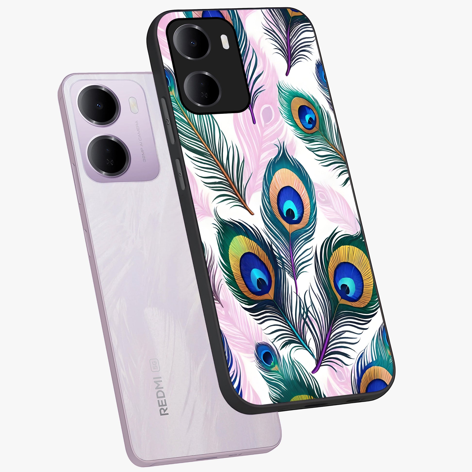 Royal Peacock Feathers Glass Case displayed in angled mockup highlighting vibrant feather pattern with regal aesthetic style.