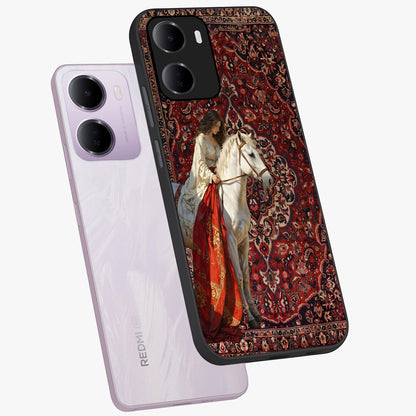 Royal Rider Tapestry Glass Case displayed in angled mockup highlighting traditional tapestry design with royal heritage aesthetic.