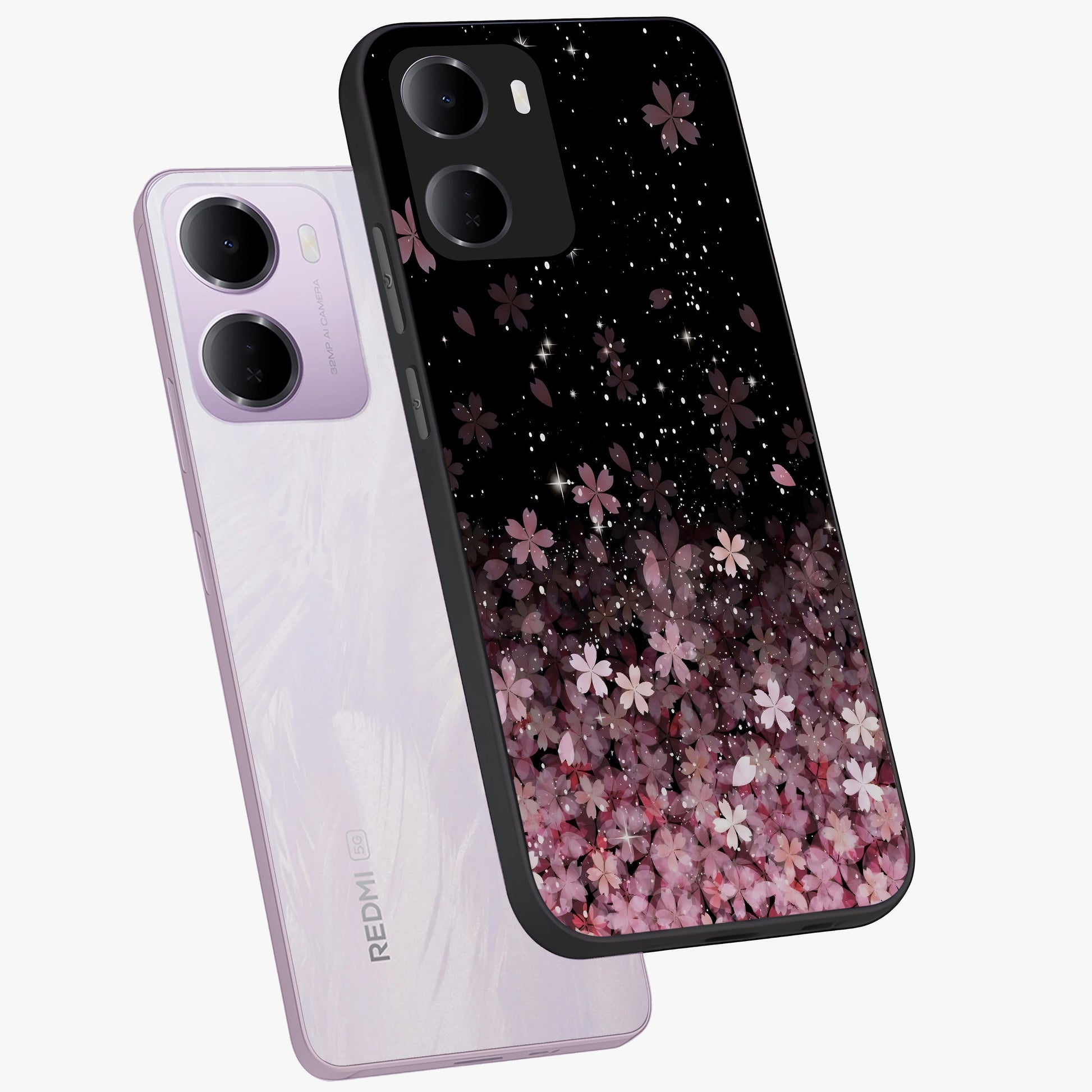 Small Starry Flowers Glass Case displayed in angled mockup highlighting tiny flower pattern with celestial aesthetic style.