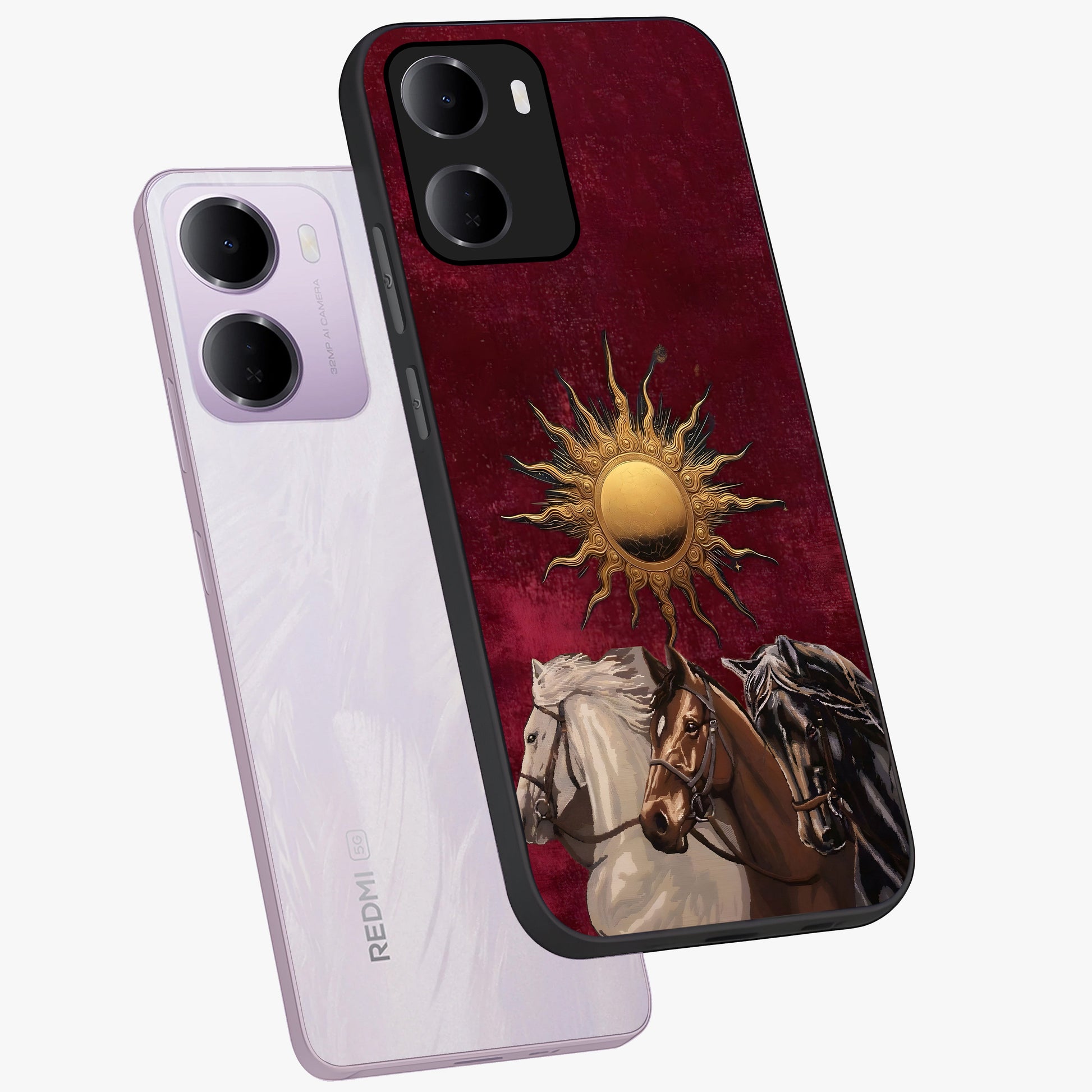 Solar Riders Glass Case displayed in angled mockup highlighting powerful rider illustration with radiant solar aesthetic.