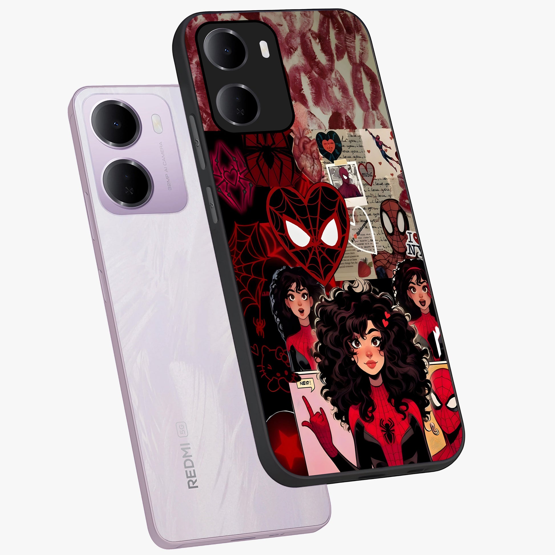 Spider Love Story Glass Case displayed in angled mockup highlighting expressive comic inspired design with playful aesthetic.