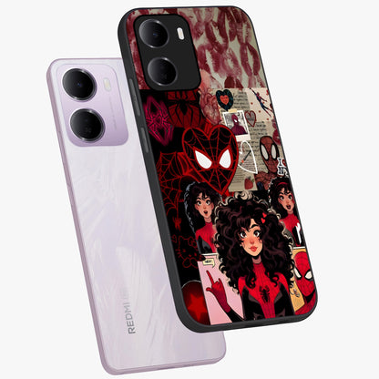 Spider Love Story Glass Case displayed in angled mockup highlighting expressive comic inspired design with playful aesthetic.