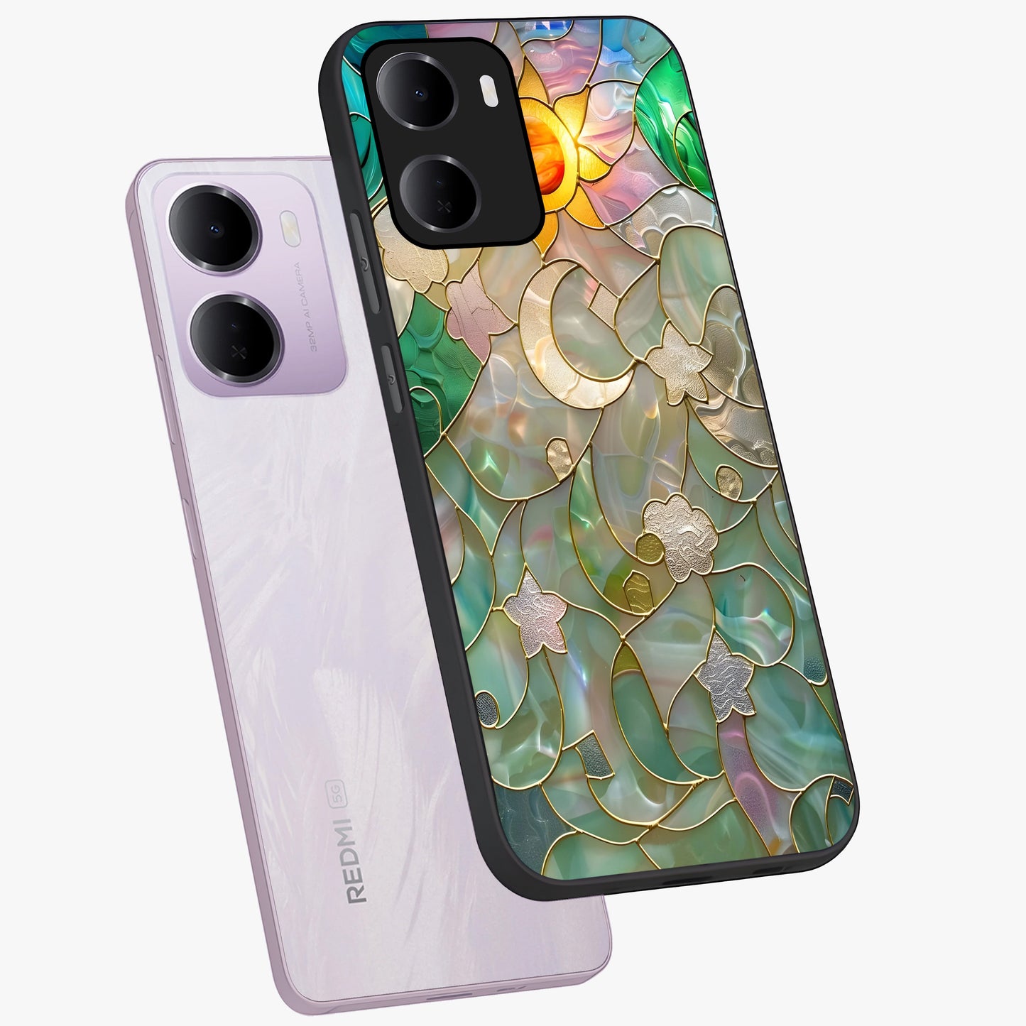 Stained Sunrise Glow Glass Case displayed in angled mockup highlighting radiant sunrise design with artistic aesthetic style.