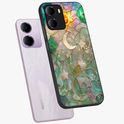 Stained Sunrise Glow Glass Case displayed in angled mockup highlighting radiant sunrise design with artistic aesthetic style.