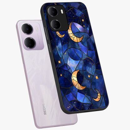 Starlit Sky Tapestry Glass Case displayed in angled mockup highlighting celestial night pattern with artistic aesthetic style.
