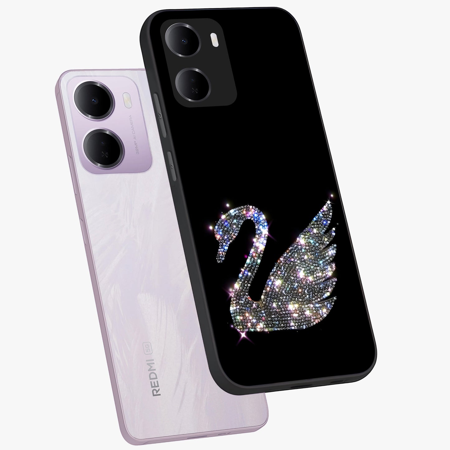 Starlit Swan Grace Glass Case displayed in angled mockup highlighting elegant swan illustration with dreamy celestial aesthetic.