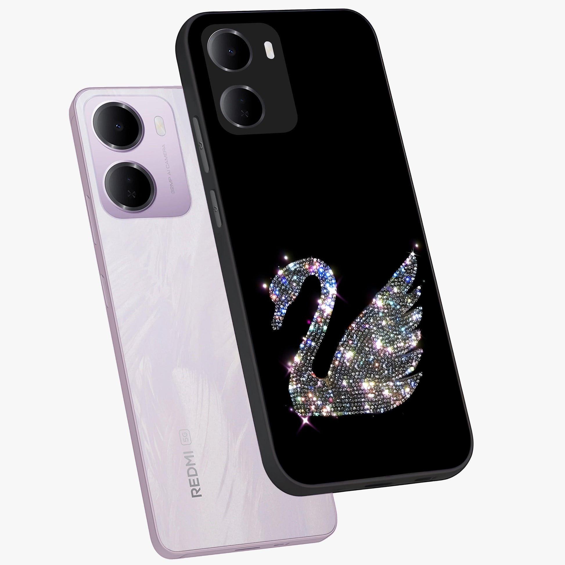 Starlit Swan Grace Glass Case displayed in angled mockup highlighting elegant swan illustration with dreamy celestial aesthetic.