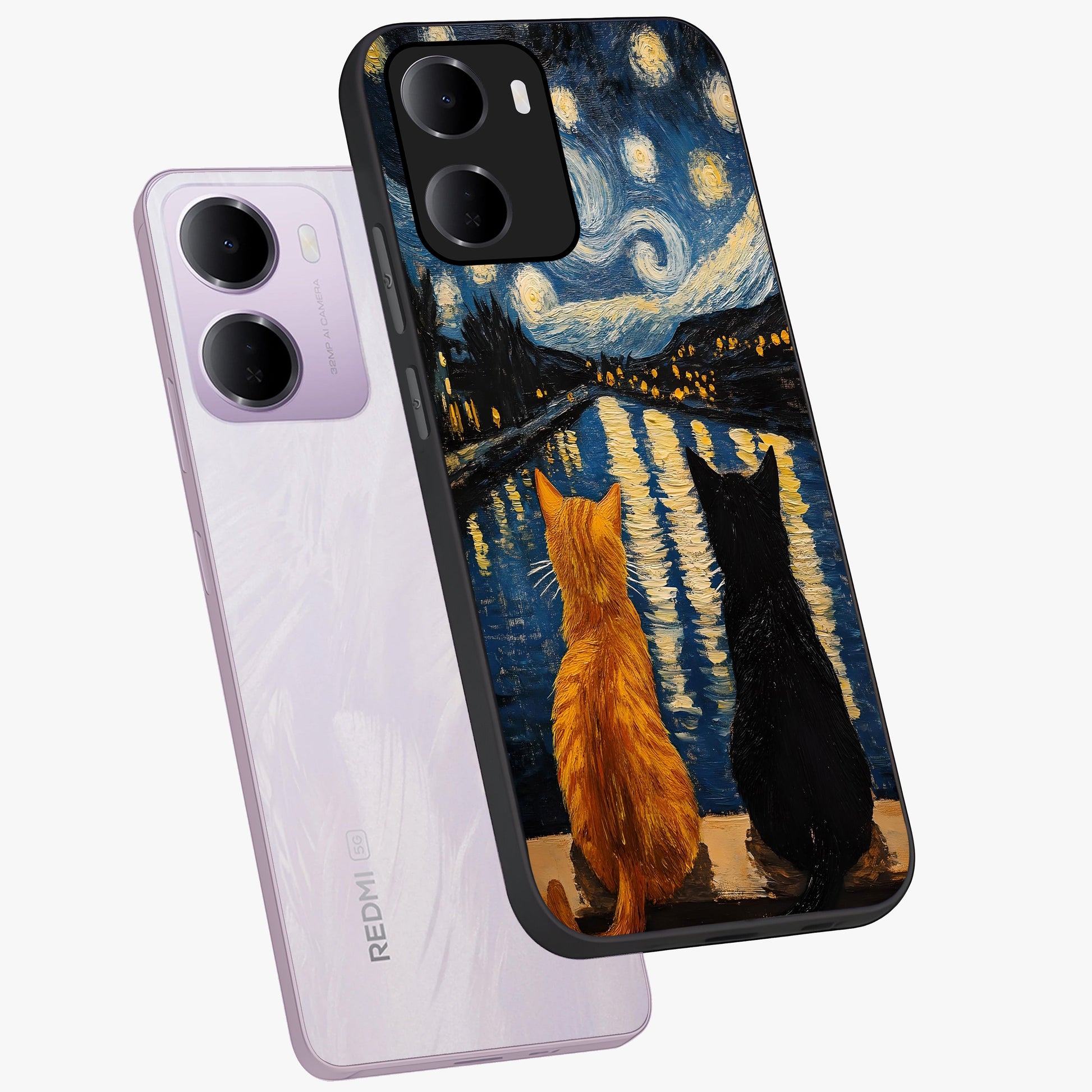 Starry River Cats Glass Case displayed in angled mockup highlighting charming feline illustration with dreamy night aesthetic.