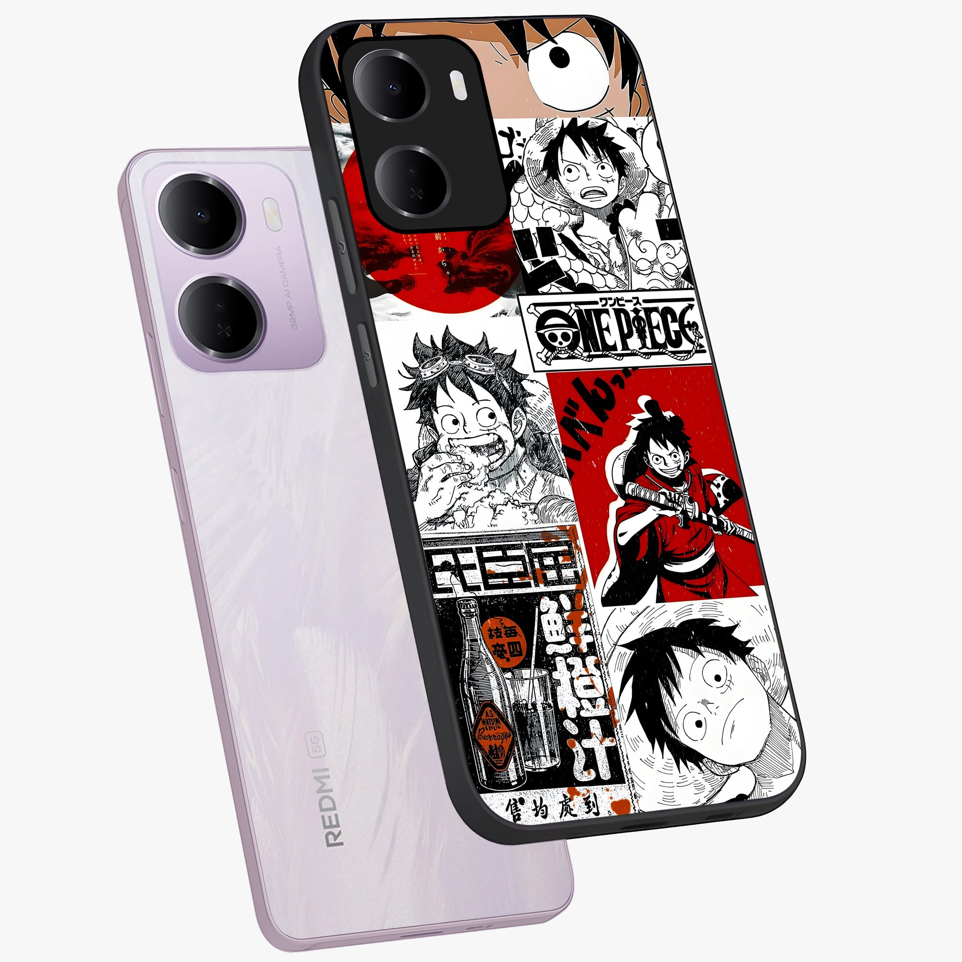Strawhat Chaos Panels Glass Case displayed in angled mockup highlighting vibrant anime collage design with action aesthetic.