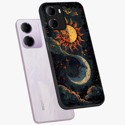 Sun And Moon Magic Design Glass Case displayed in angled mockup highlighting celestial design with magical cosmic aesthetic.