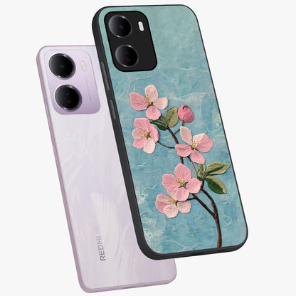 Threaded Blossom Breeze Glass Case displayed in angled mockup highlighting elegant floral design with soft aesthetic style.