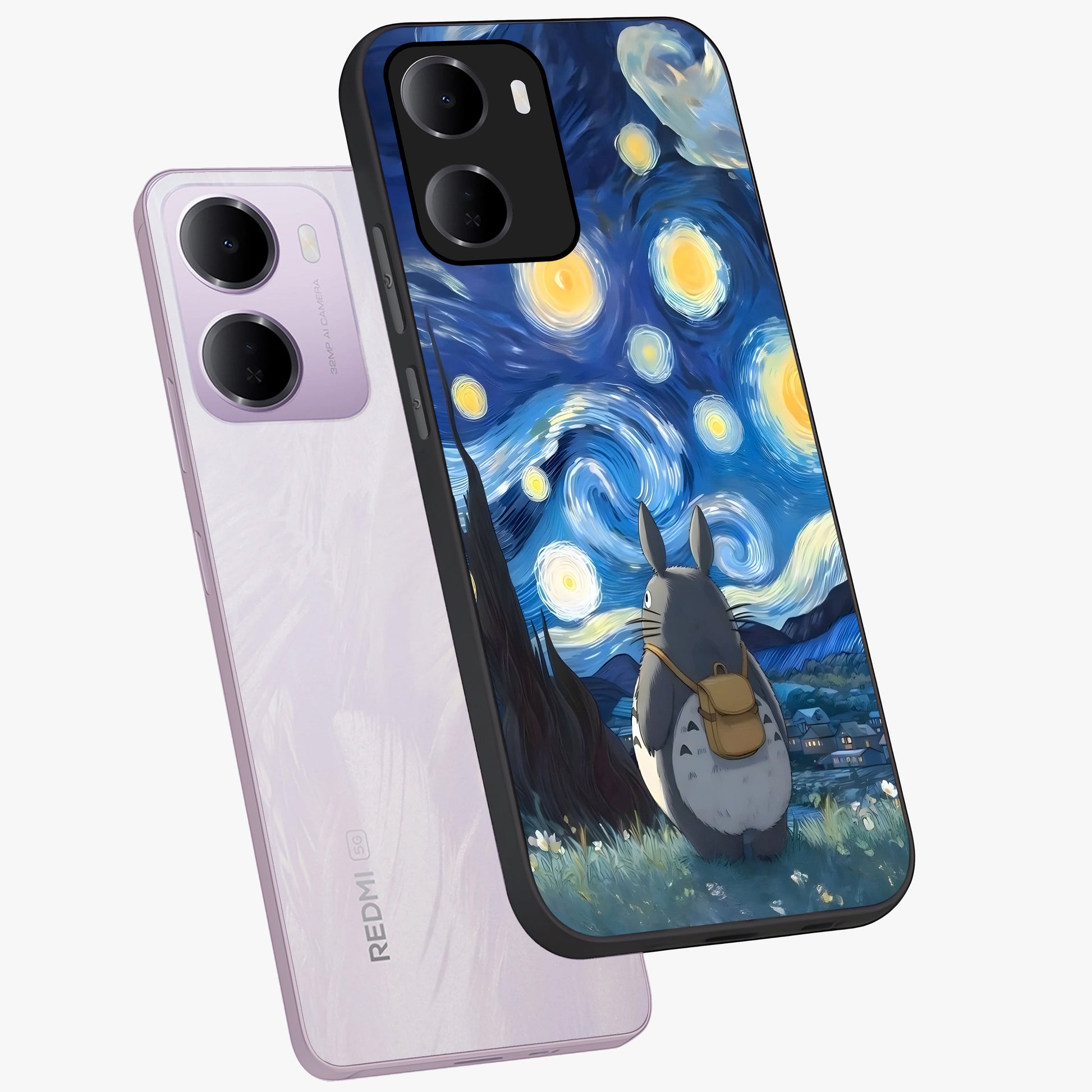 Totoro In Van Gogh Art Glass Case displayed in angled mockup highlighting artistic swirling sky design with playful animation aesthetic.