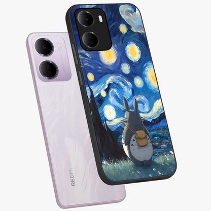 Totoro In Van Gogh Art Glass Case displayed in angled mockup highlighting artistic swirling sky design with playful animation aesthetic.