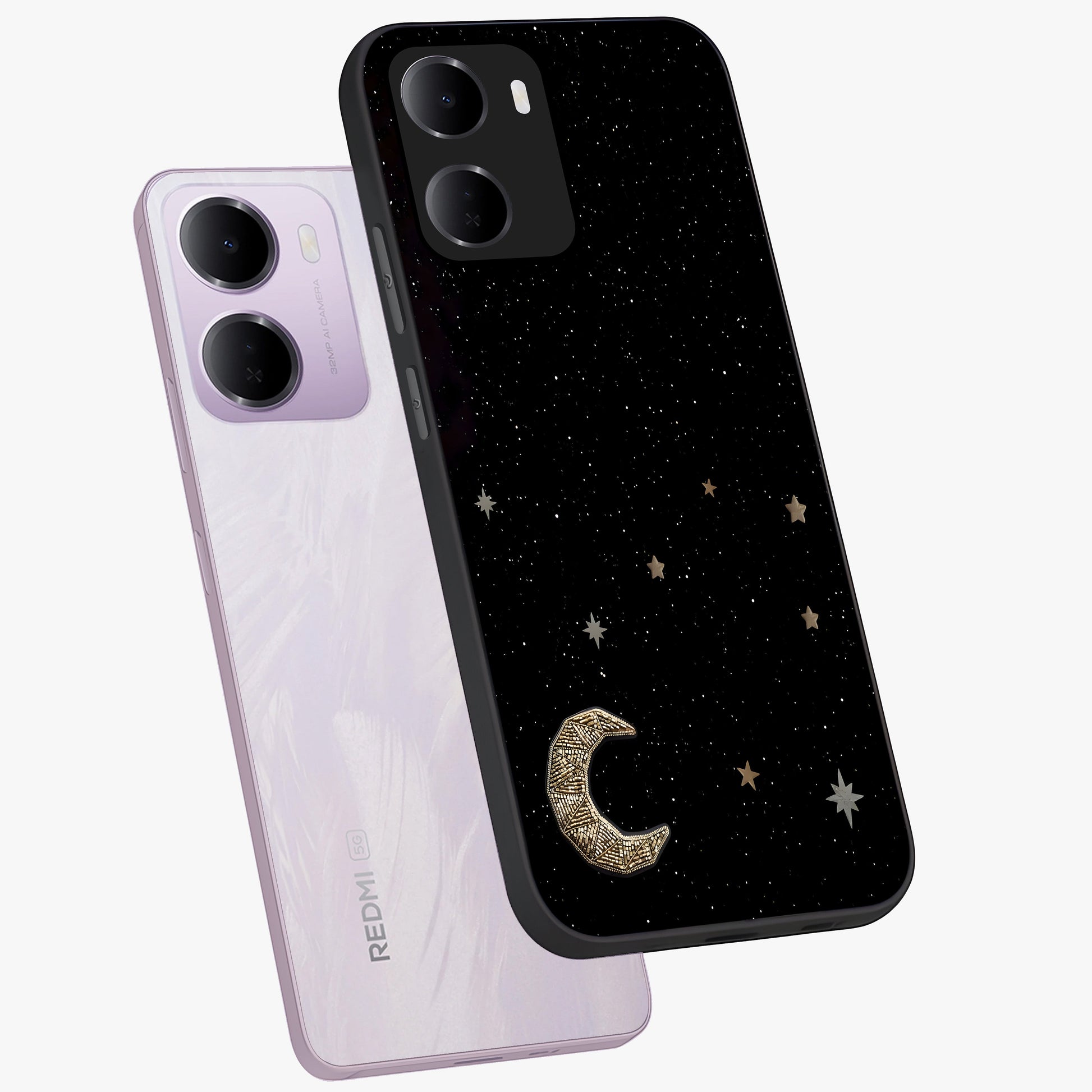Twinkle Star With Half Moon Glass Case displayed in angled mockup highlighting celestial moon and star design with magical aesthetic.