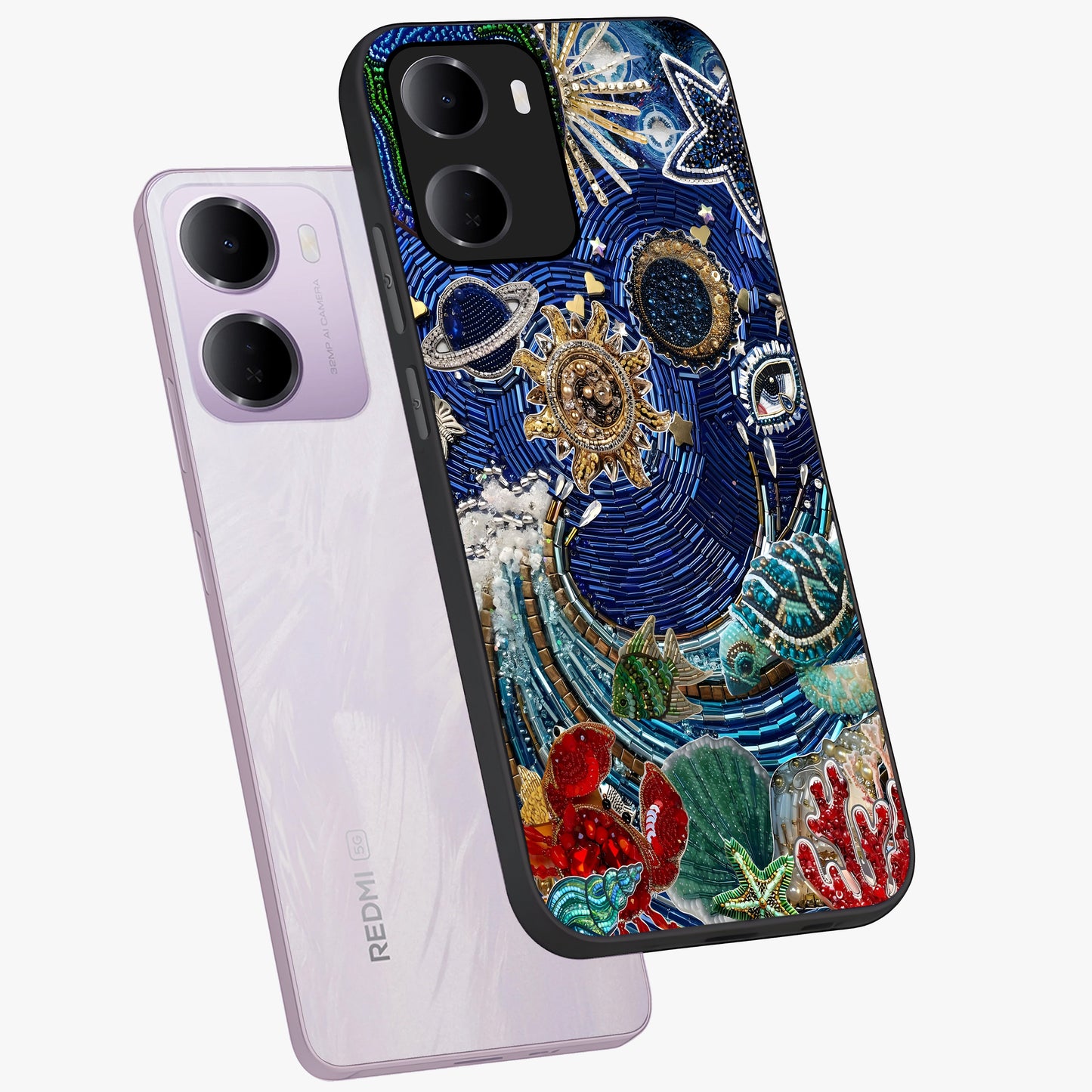 Universe Underwater Spark Glass Case displayed in angled mockup highlighting glowing aquatic design with celestial aesthetic.