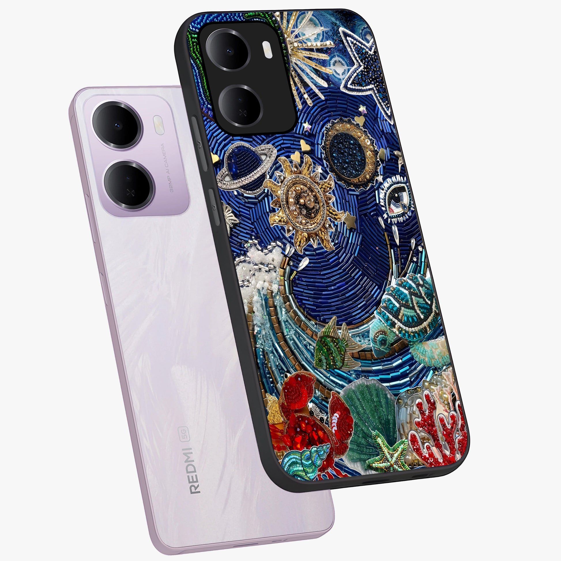 Universe Underwater Spark Glass Case displayed in angled mockup highlighting glowing aquatic design with celestial aesthetic.
