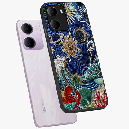 Universe Underwater Spark Glass Case displayed in angled mockup highlighting glowing aquatic design with celestial aesthetic.