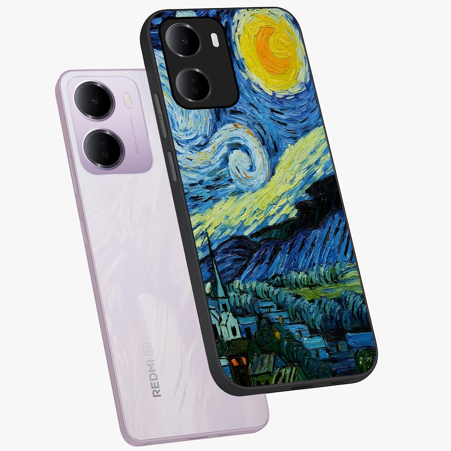 Van Gogh Art Glass Case displayed in angled mockup highlighting swirling brushstroke design with artistic aesthetic.
