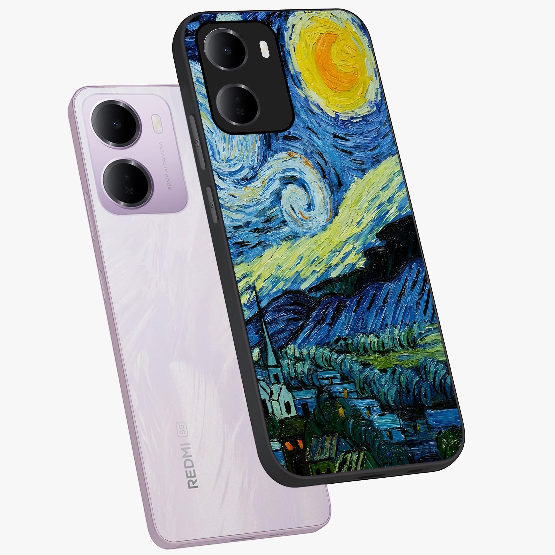 Van Gogh Art Glass Case displayed in angled mockup highlighting swirling brushstroke design with artistic aesthetic.