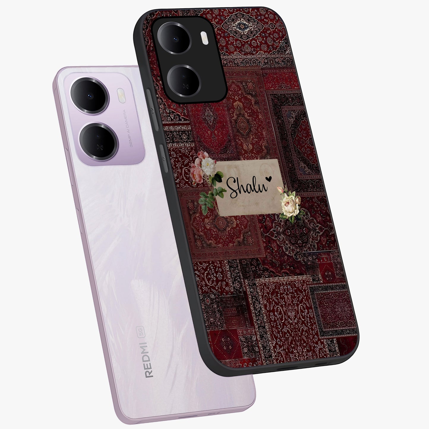 Velvet Wine Pattern Custom Name Glass Case displayed in angled mockup highlighting decorative velvet inspired design with custom name feature.