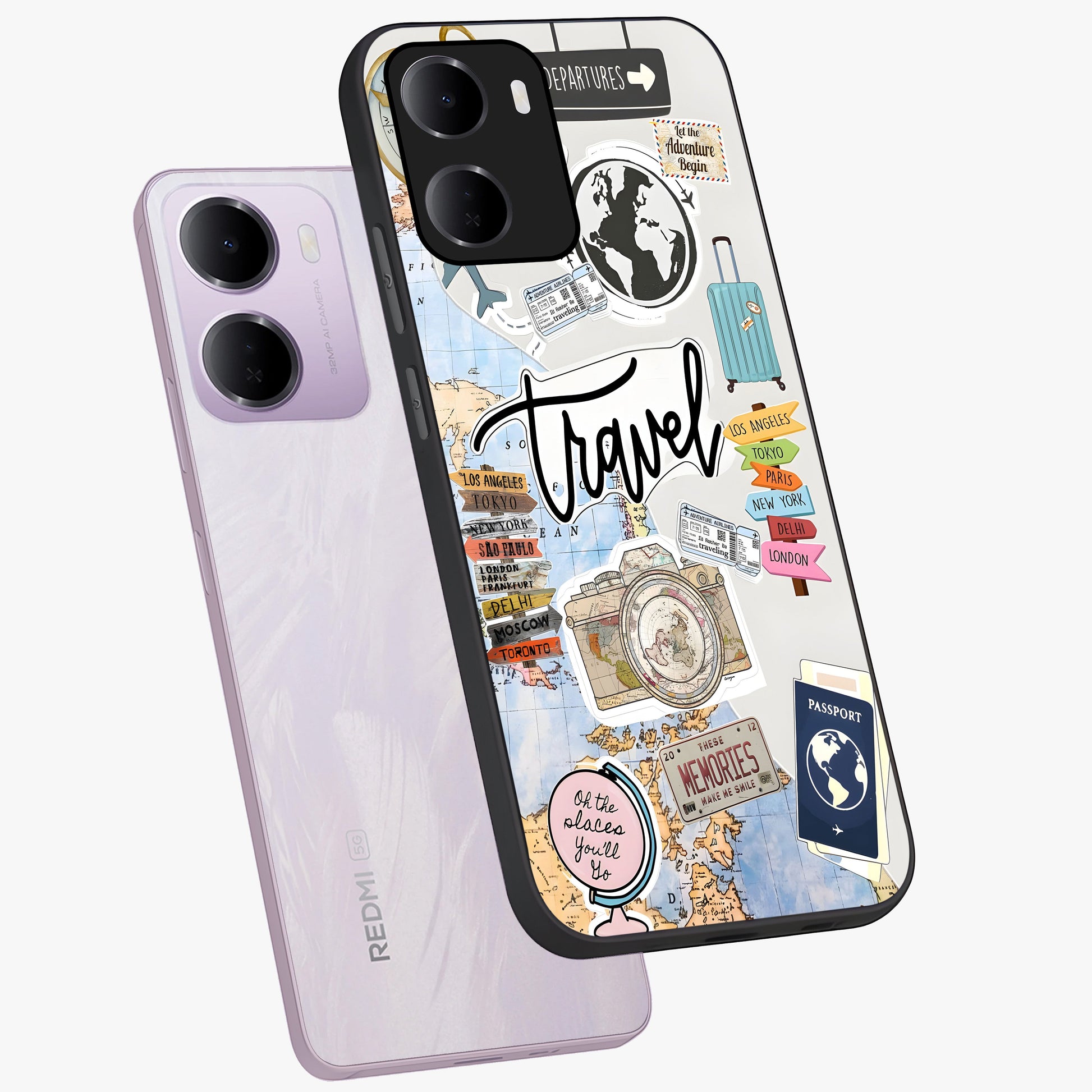 Wanderlust Journal Glass Case displayed in angled mockup highlighting adventure themed design with aesthetic travel vibe.