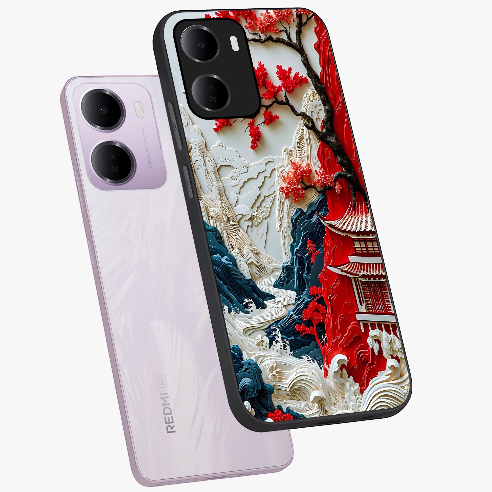 Whispers Of Sakura Waves Glass Case displayed in angled mockup highlighting flowing sakura design with soft floral aesthetic.