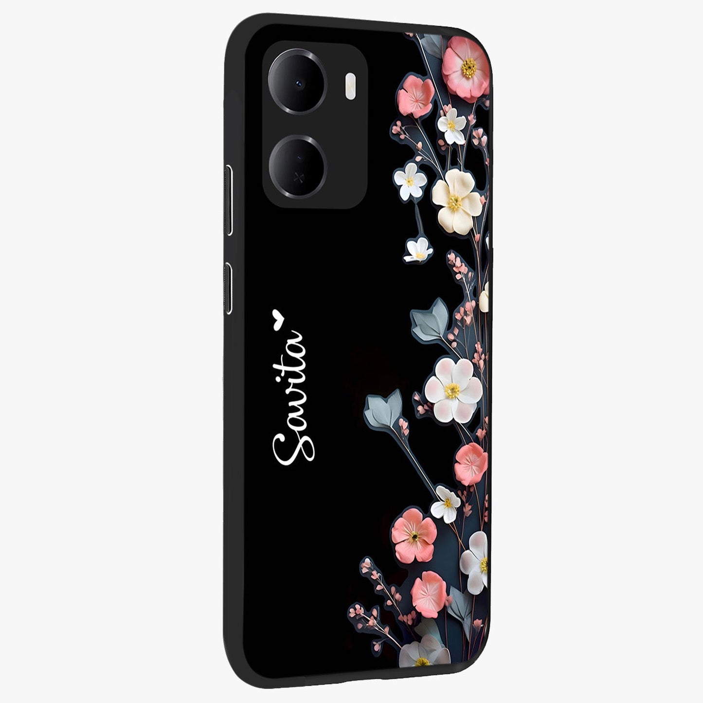 Black Elegance Floral Custom Name Glass Case upright view showcasing luxurious black floral design with personalized name detail.