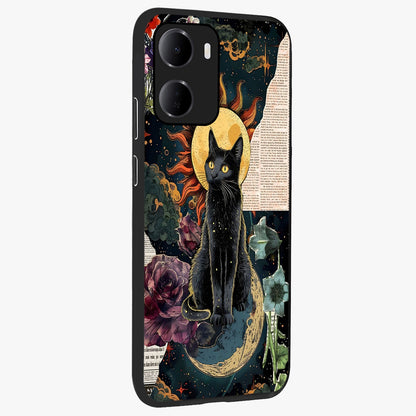 Celestial Black Cat Glass Case upright view showcasing magical black cat illustration with starry cosmic theme.