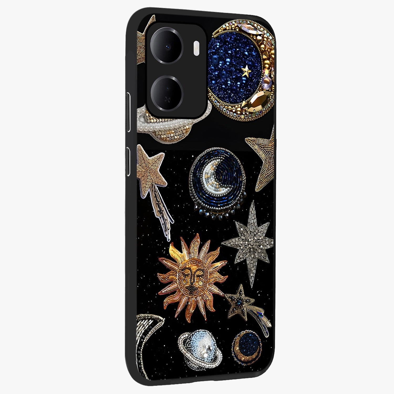 Celestial Gem Constellations Glass Case upright view showcasing cosmic constellation artwork with celestial aesthetic style.