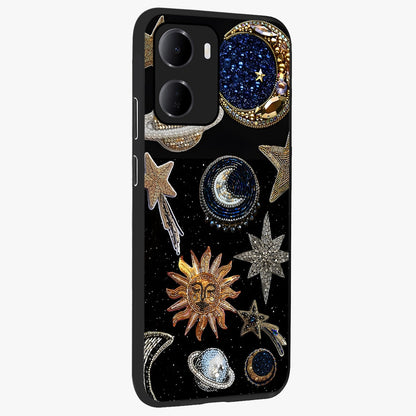 Celestial Gem Constellations Glass Case upright view showcasing cosmic constellation artwork with celestial aesthetic style.