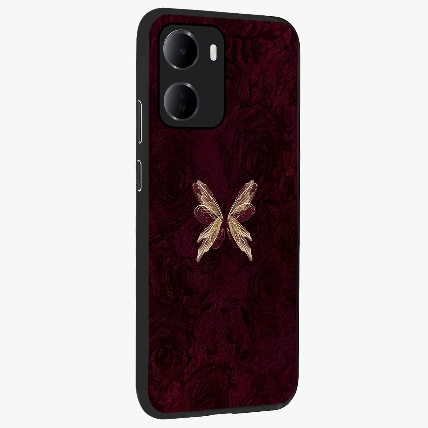 Crimson Fade Butterfly Glass Case upright view showcasing graceful butterfly artwork with soft crimson fade effect.