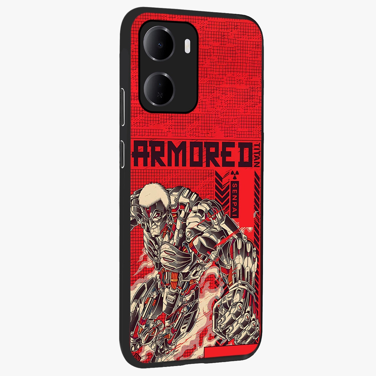 Crimson Mecha Titan Glass Case upright view showcasing dynamic robotic titan design with sci-fi inspired theme.