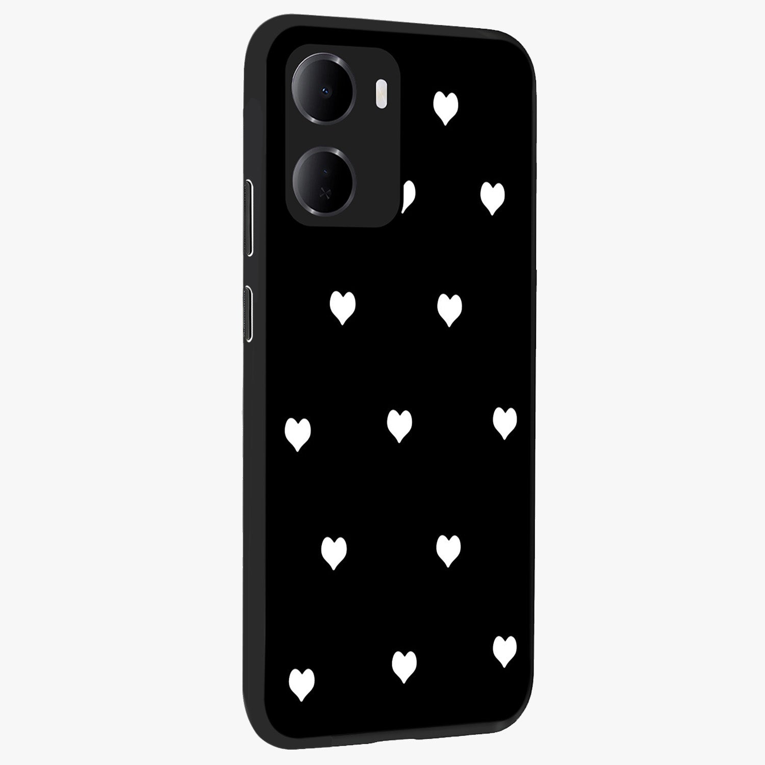 Cute And Simple White Hearts Glass Case upright view showcasing simple white hearts artwork with soft minimal theme.