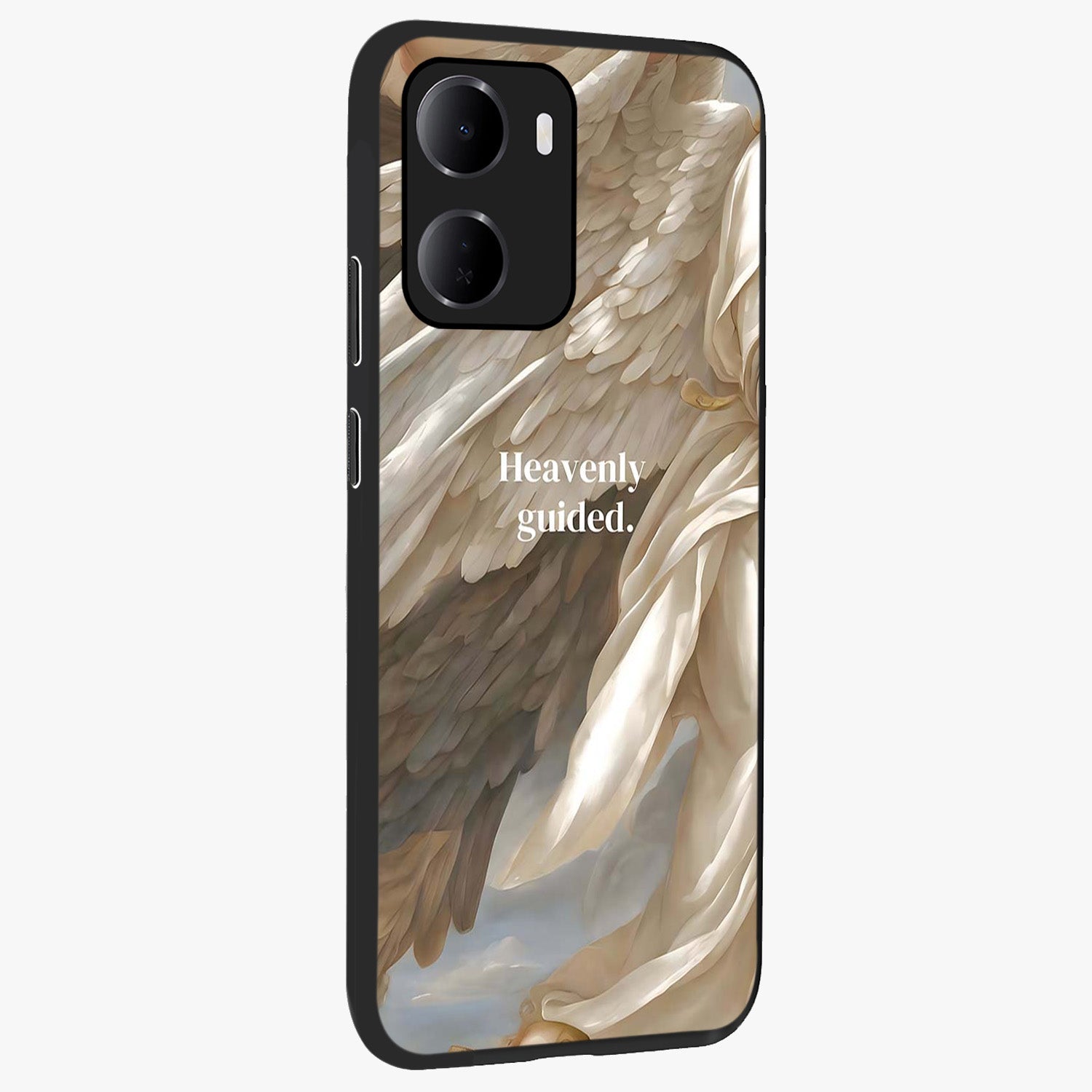 Divine Winged Grace Glass Case upright view showcasing spiritual wing artwork with soft celestial theme.