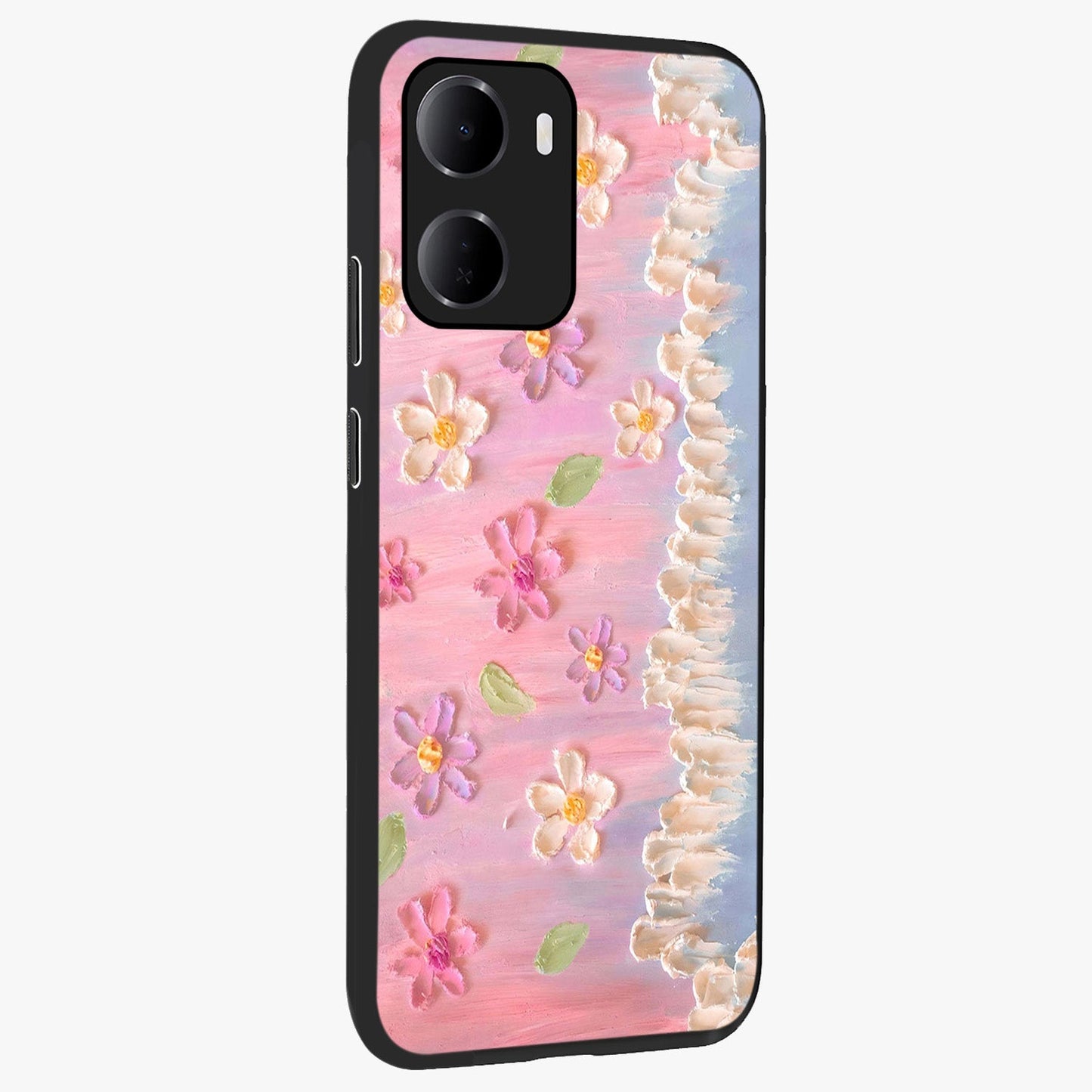 Dreamy Painted Garden Glass Case upright view showcasing vibrant floral garden artwork with artistic nature theme.