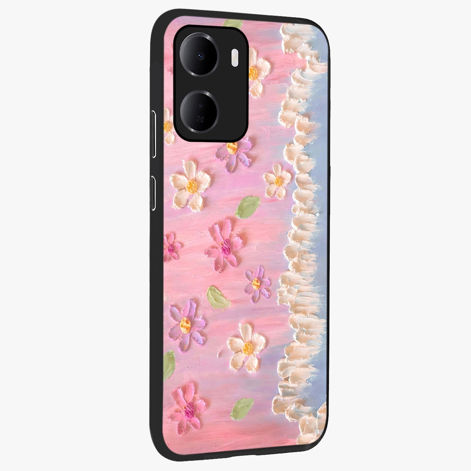 Dreamy Painted Garden Glass Case upright view showcasing vibrant floral garden artwork with artistic nature theme.