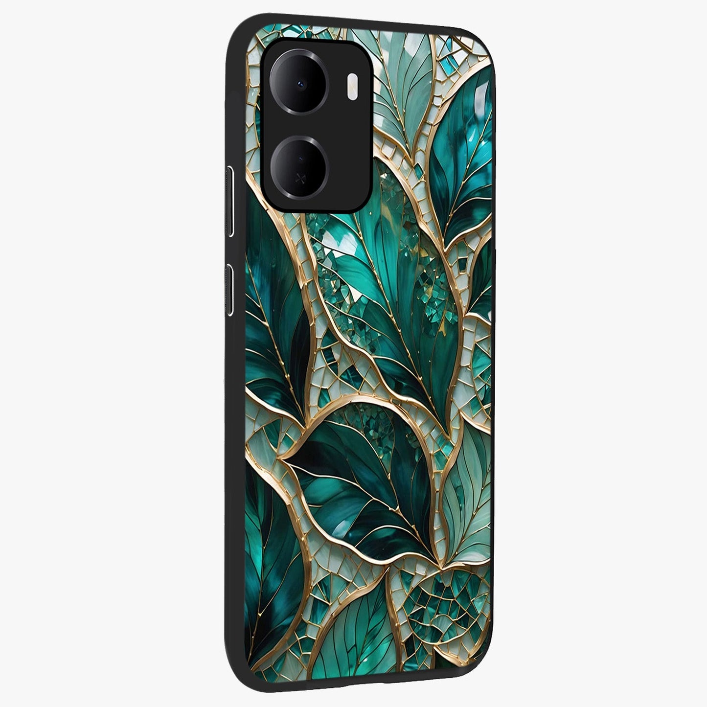 Emerald Leaf Glass Glass Case upright view showcasing fresh green leaf artwork with calming nature inspired style.