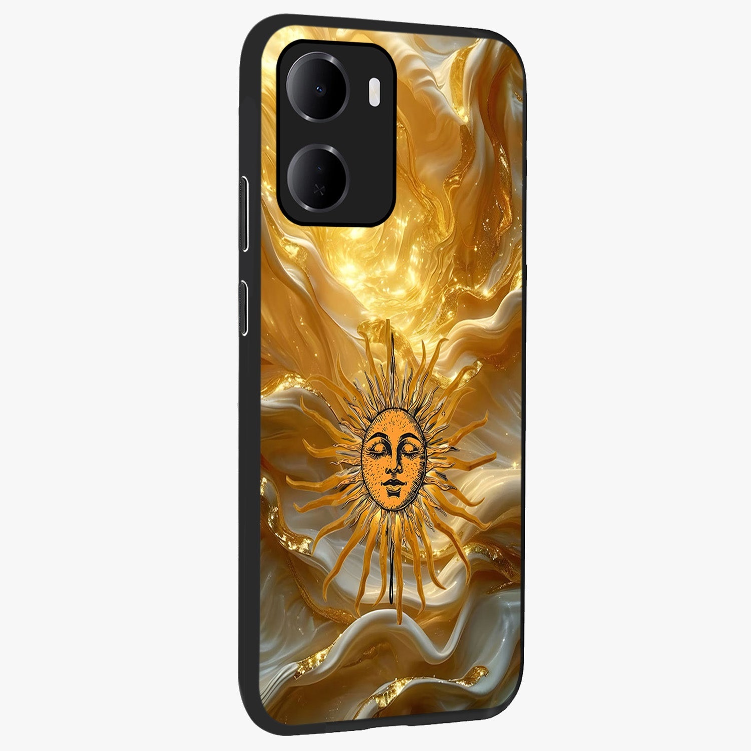 Eternal Golden Glow Glass Case upright view showcasing luminous golden artwork with luxurious visual theme.