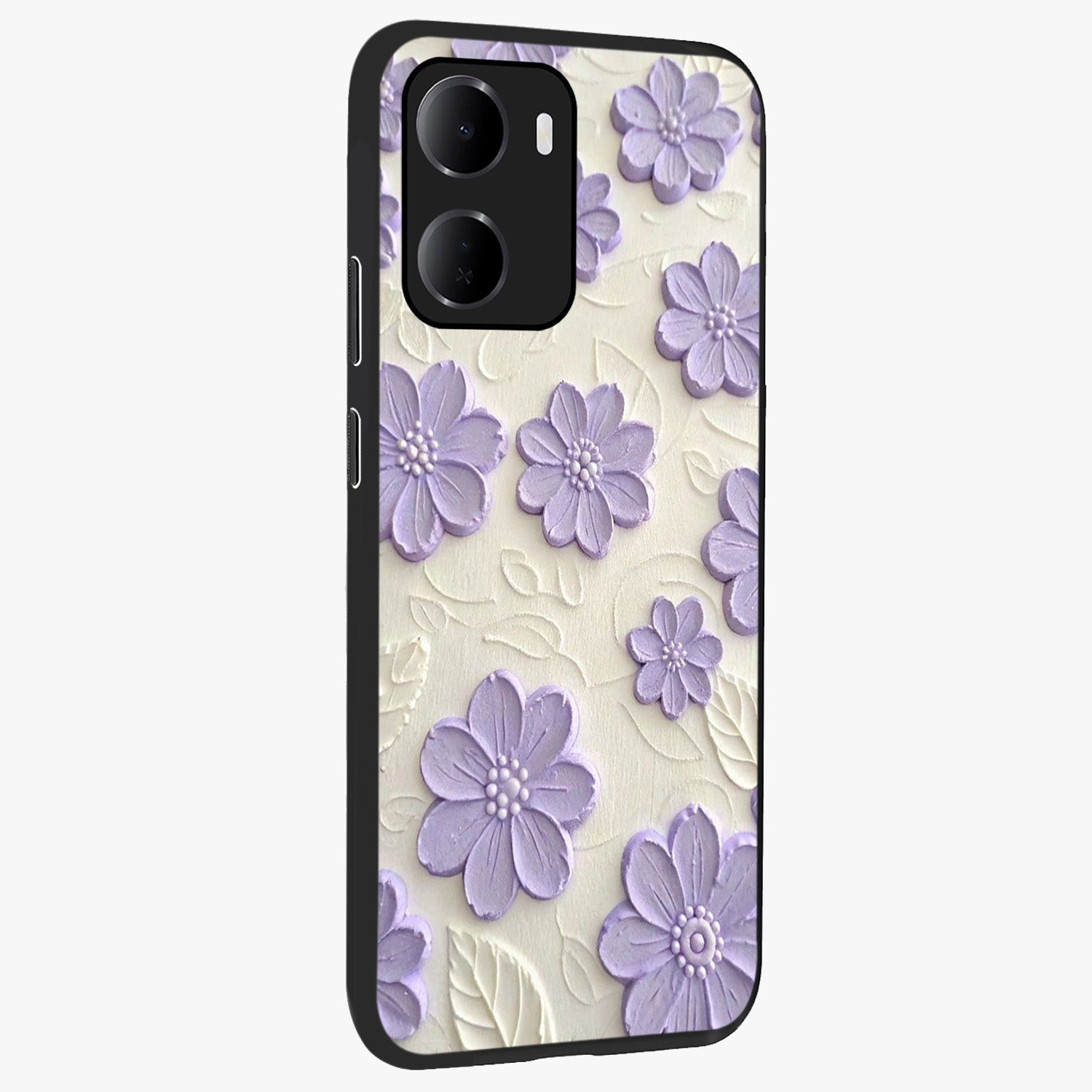 Floral Wall Art With Purple Flowers Glass Case upright view showcasing elegant purple flower artwork with decorative floral theme.