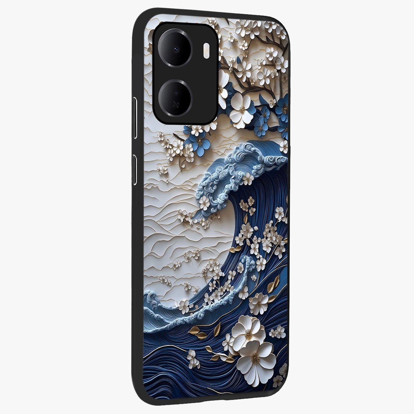 Floral Wave Origami Glass Case upright view showcasing creative floral origami artwork with artistic decorative theme.
