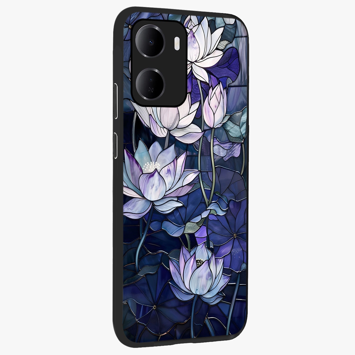 Gloss Petal Rush Glass Case upright view showcasing dynamic floral petal artwork with modern botanical theme.