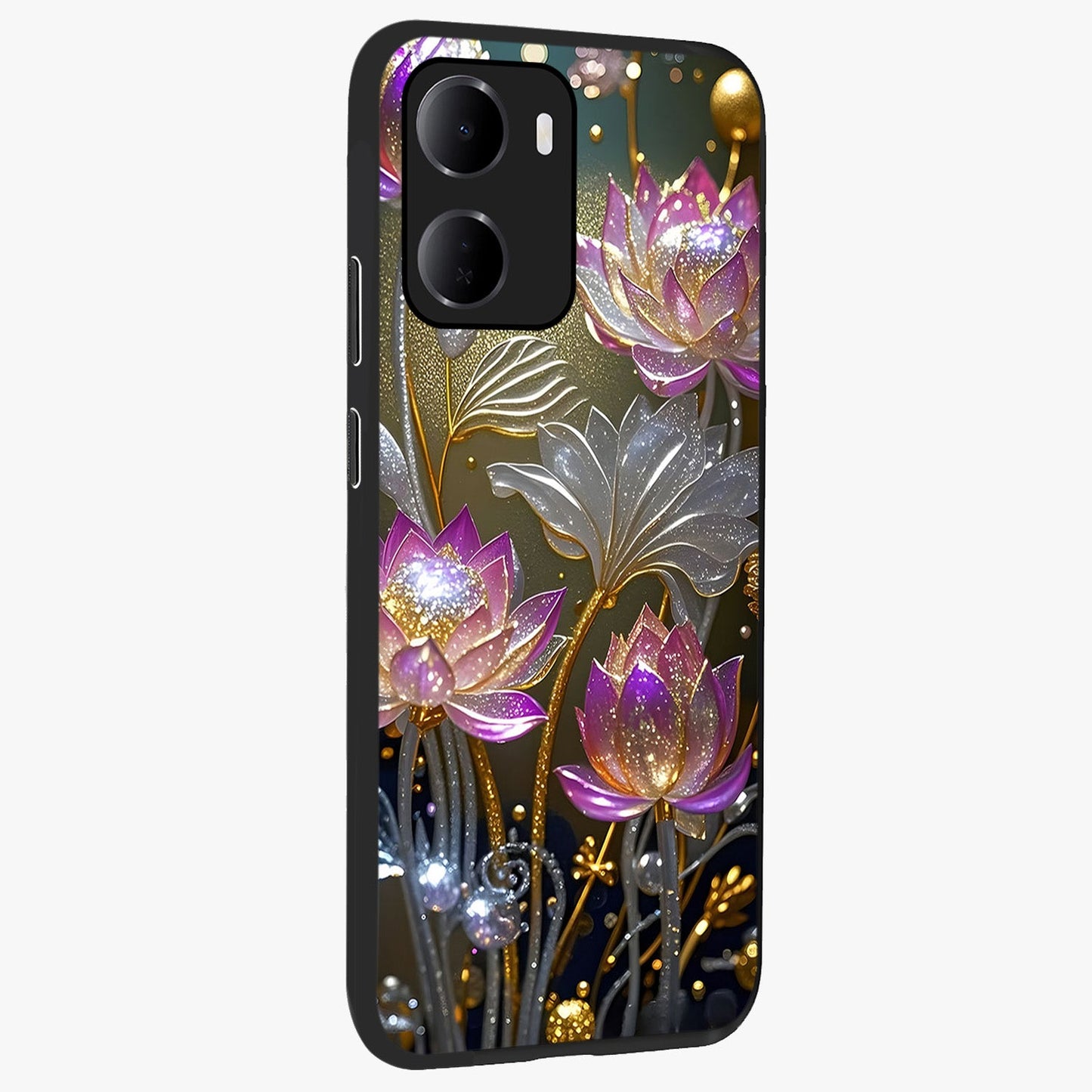 Golden Floral Majesty Glass Case upright view showcasing majestic floral artwork with rich decorative theme.