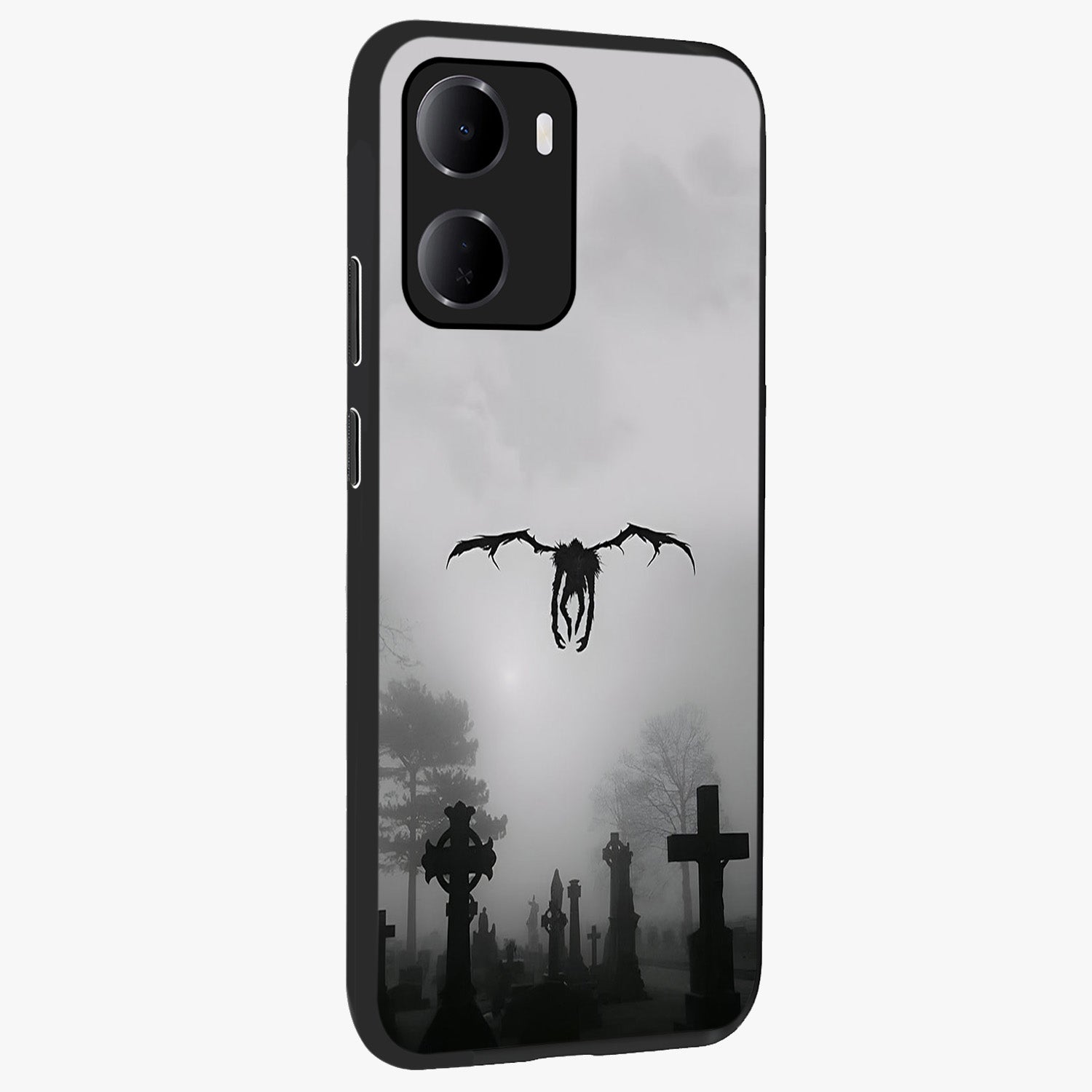 Graveyard Shadow Descent Glass Case upright view showcasing haunting graveyard artwork with dramatic dark theme.
