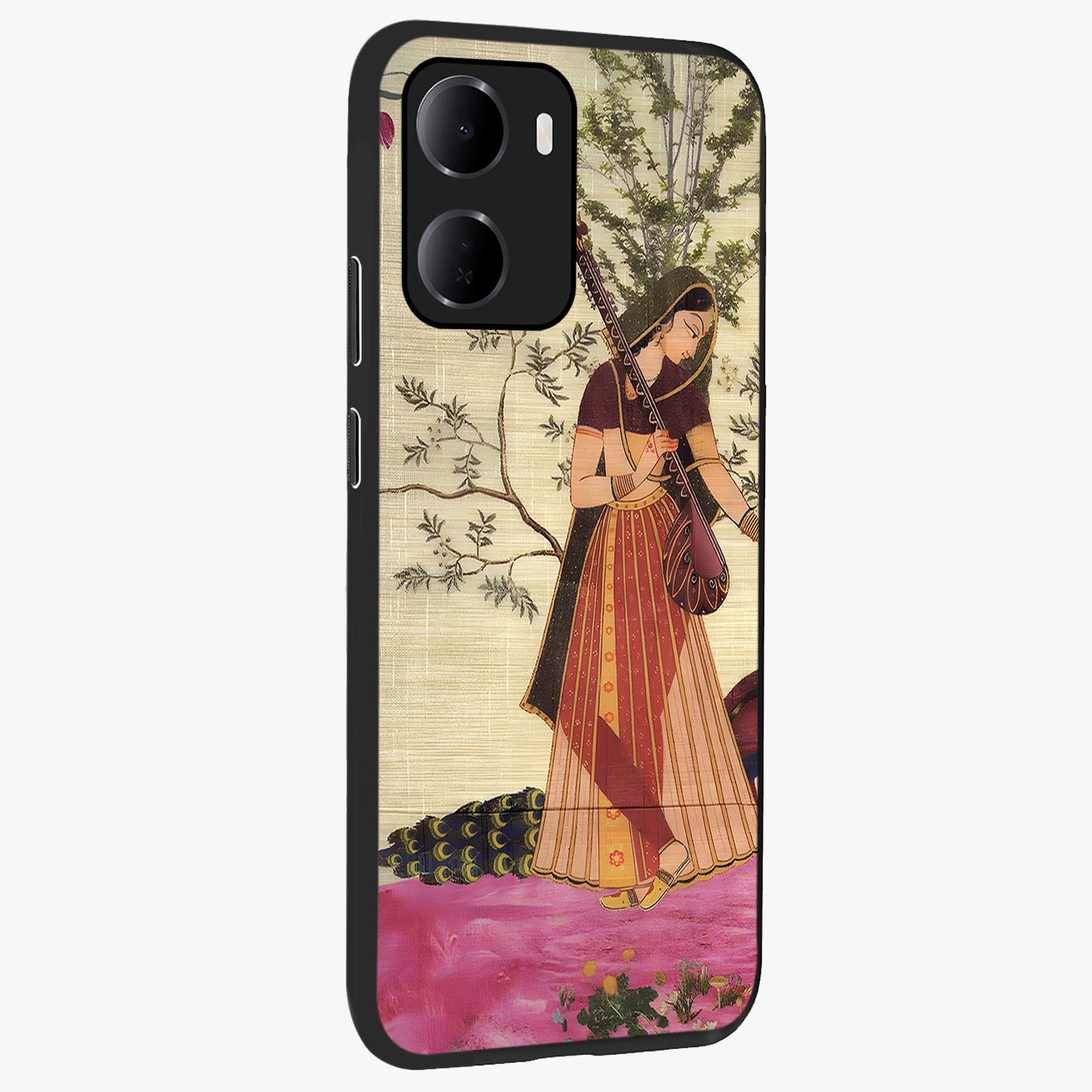 Lady With Veena Art Glass Case upright view showcasing classical veena artwork with traditional artistic theme.