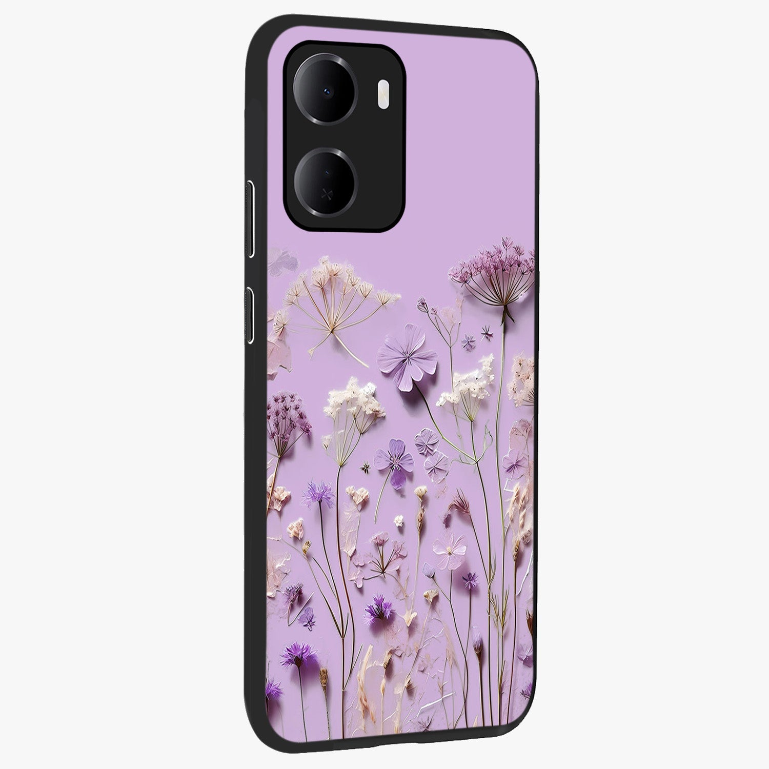 Lavender Blossom Dream Glass Case upright view showcasing delicate lavender blossom artwork with peaceful floral theme.