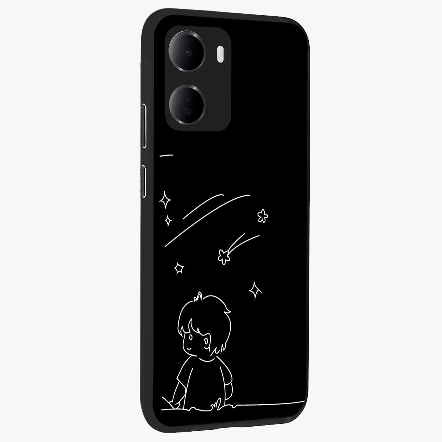 Line Art Boy With Shooting Stars Glass Case upright view showcasing artistic shooting star illustration with minimal style.