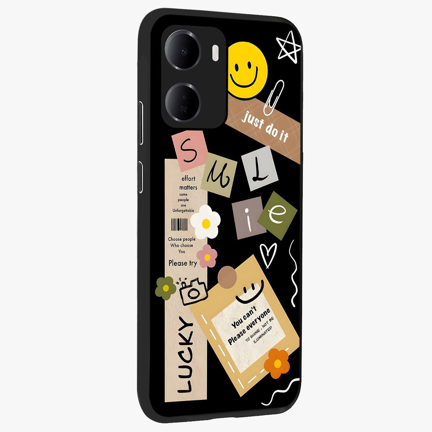 Lucky Aesthetic Collage Glass Case upright view showcasing vibrant collage artwork with youthful aesthetic theme.
