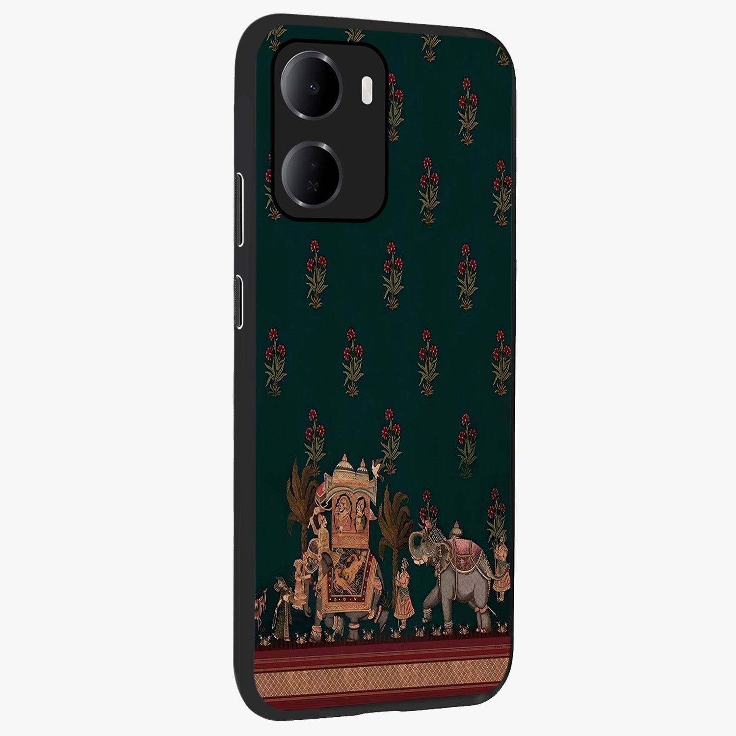 Macmerise Glass Case upright view showcasing bold artistic artwork with contemporary design theme.